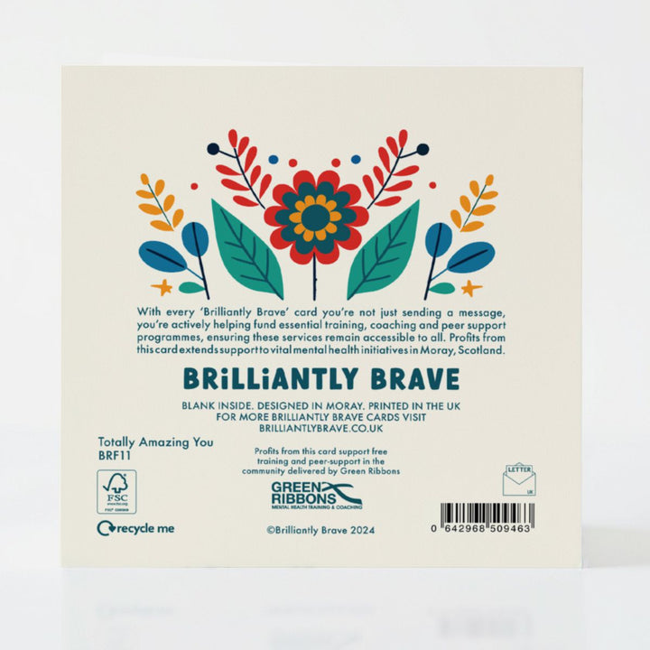 Back of the Totally Amazing You card, highlighting its FSC-certified materials and its purpose of supporting mental health.