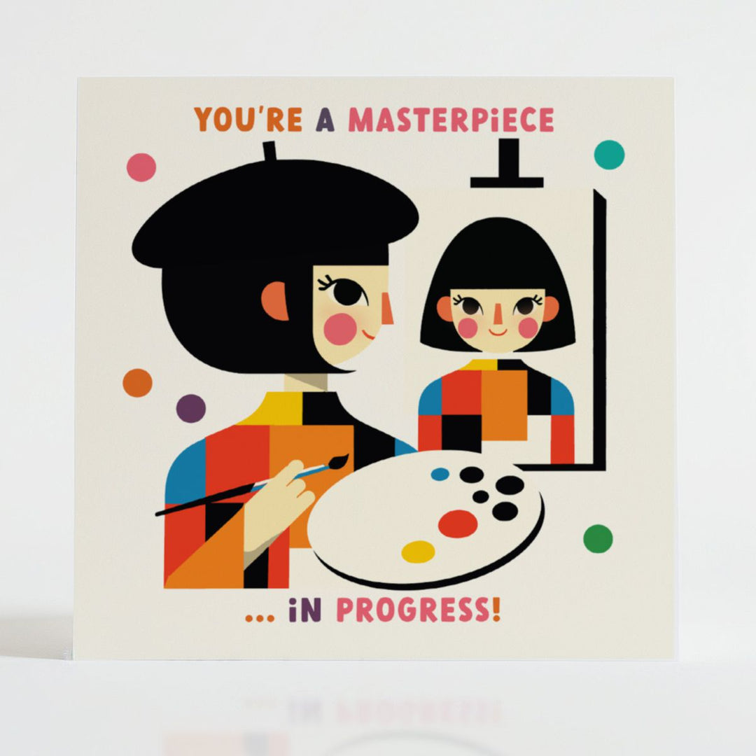 Masterpiece - Encouragement card featuring quirky characters celebrating creativity and progress.
