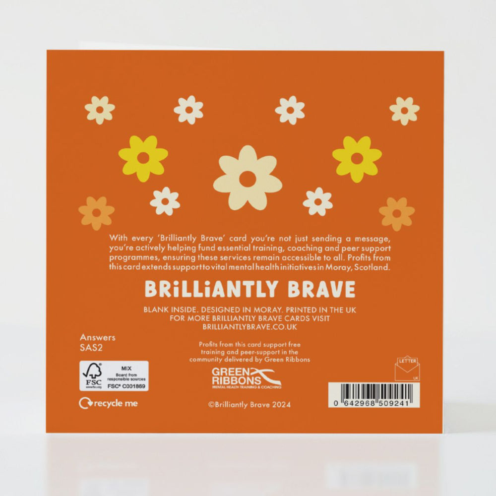 Answers - Back of the card with subtle design details and reflective support message.