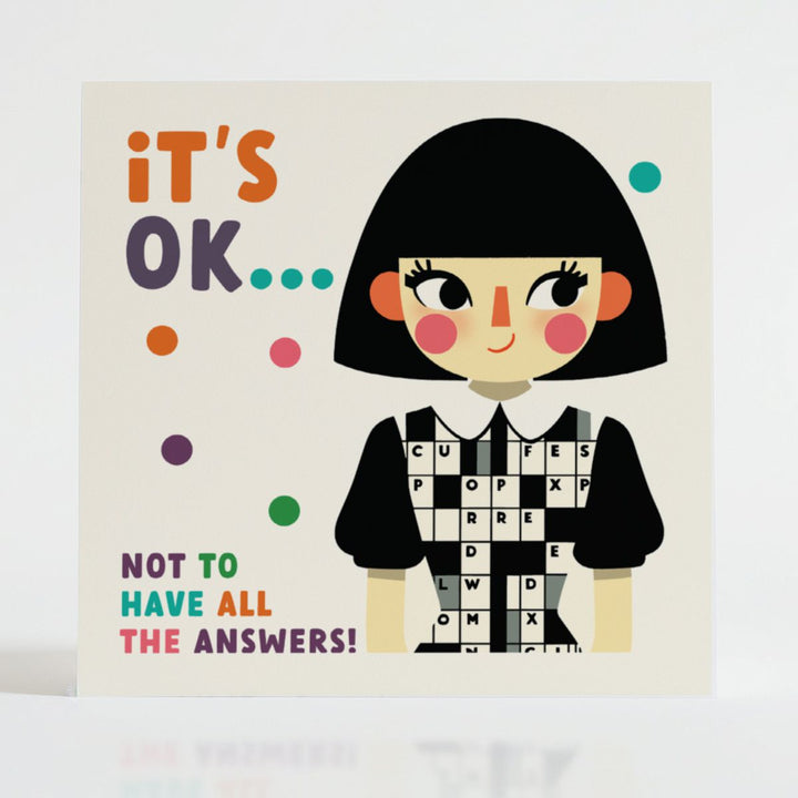 Answers - Self-care card with crossword imagery and a calming message about life's journey.