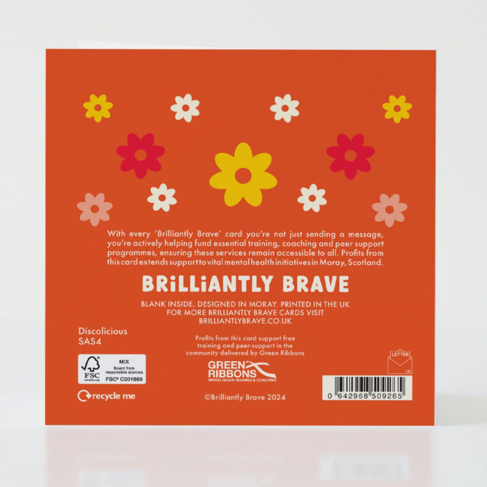 Discolicious - Back of the card with celebratory details and bright, joyful design.