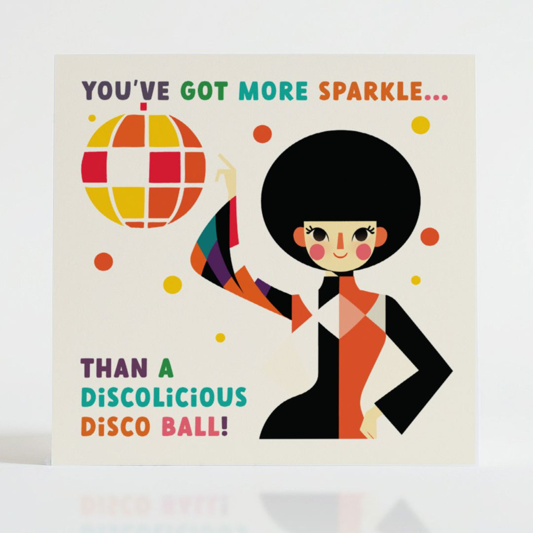 Discolicious - Celebration card featuring a sparkle-filled message for unique moments.