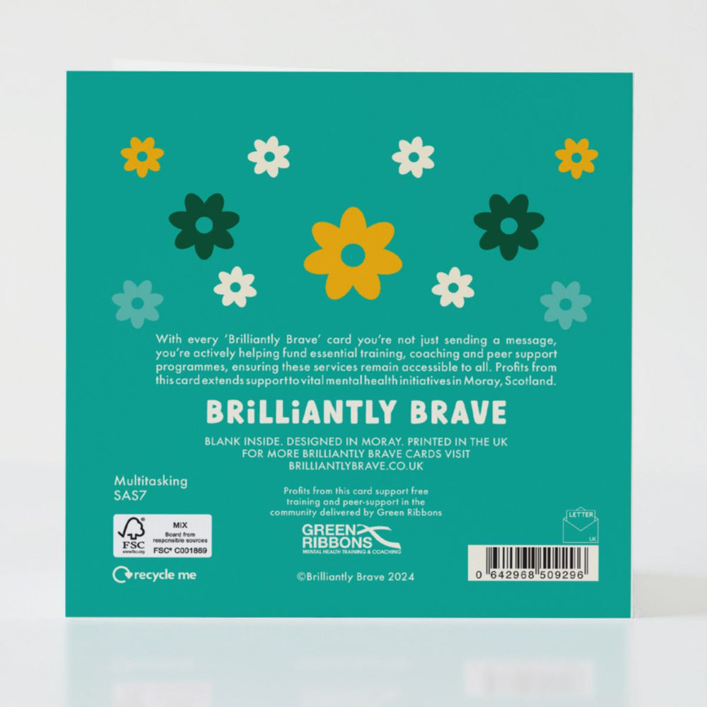 Multitasking - Back of the card with empowering details and lively design elements.