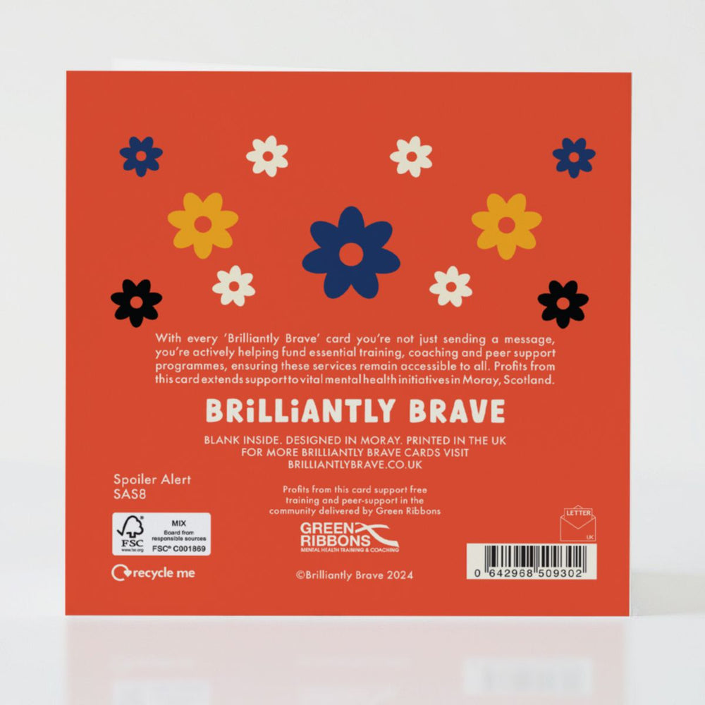 Spoiler Alert - Back of the card with dynamic details and positive theme.