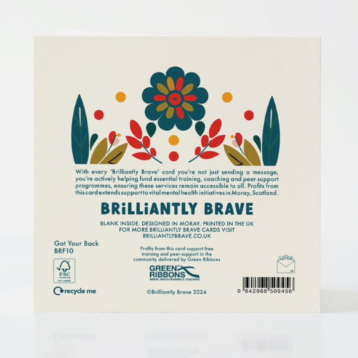 Back of the Got Your Back card, detailing its eco-friendly materials and contribution to mental health initiatives in Scotland.