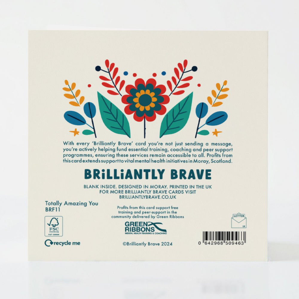 Back of the Totally Amazing You card, highlighting its FSC-certified materials and its purpose of supporting mental health.