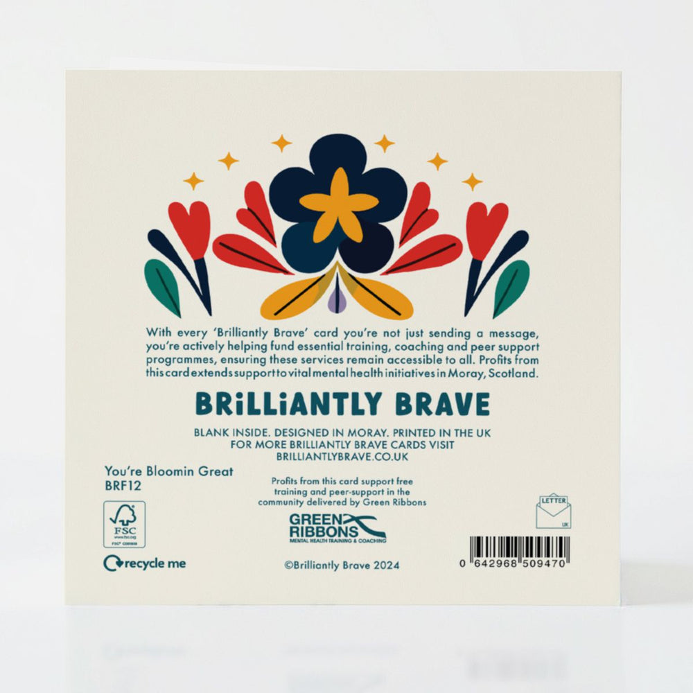 Back of the You’re Bloomin’ Great card, showcasing its eco-friendly FSC design and contribution to Scottish mental health initiatives.
