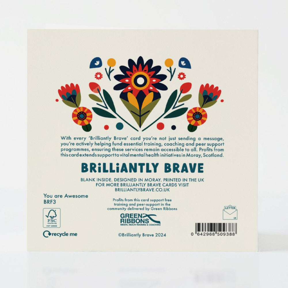Back of the You Are Awesome card, showcasing its FSC-certified design and its contribution to mental health support in Scotland.