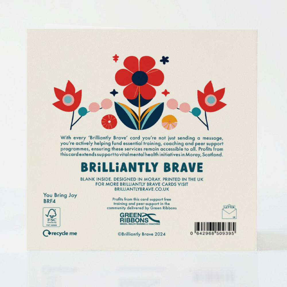 Back of the You Bring Joy card, detailing its eco-friendly FSC materials and its role in funding mental health services in Scotland.