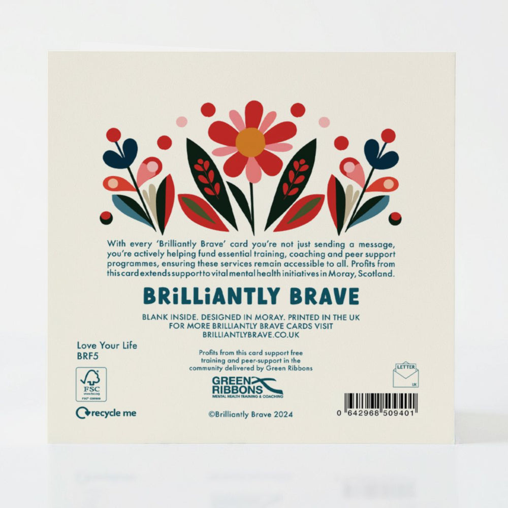 Back of the Love Your Life card, highlighting FSC-certified materials and its support of Scottish mental health initiatives.