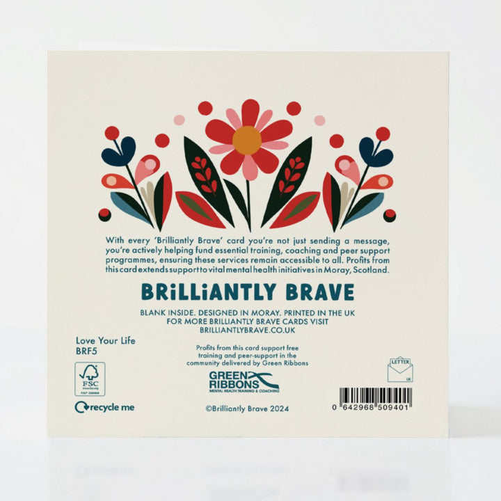 Back of the Love Your Life card, highlighting FSC-certified materials and its support of Scottish mental health initiatives.