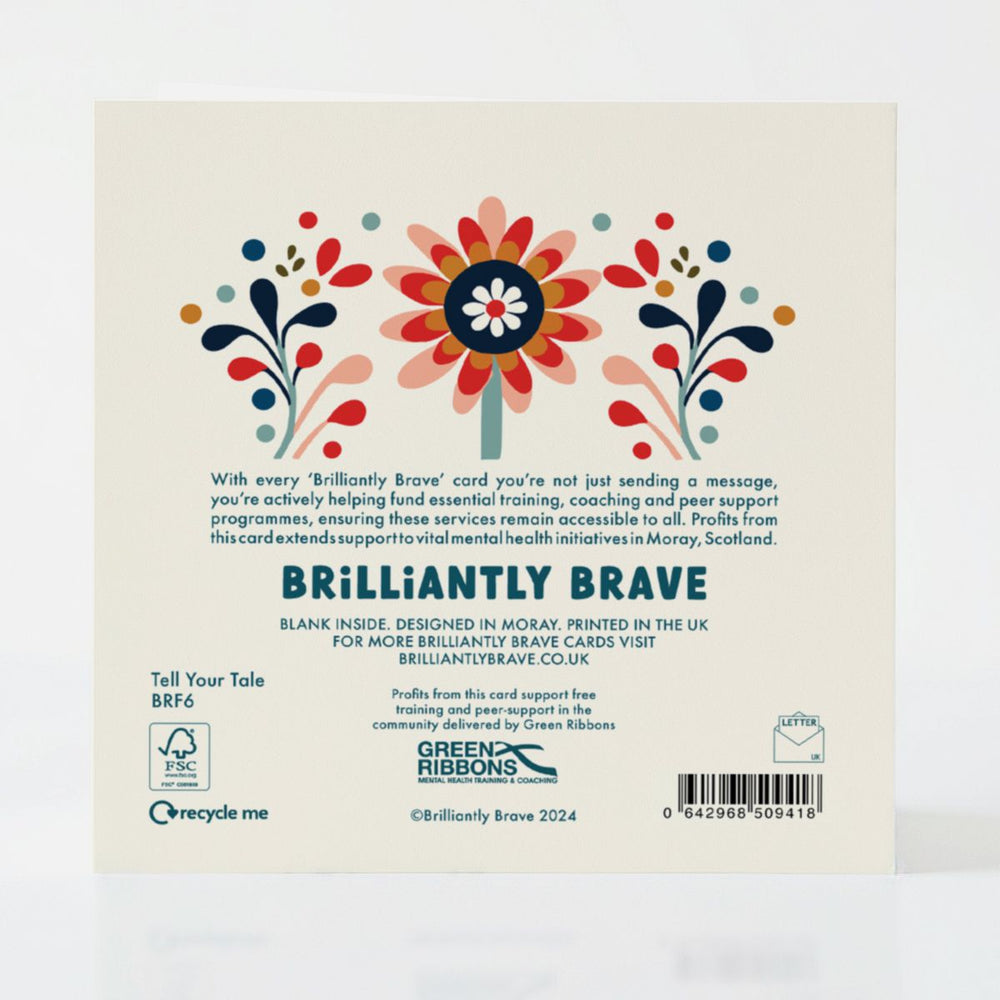 Back of the Tell Your Tale card, explaining its FSC-certified design and its contribution to mental health services in Scotland.