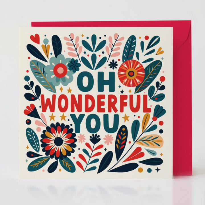 Oh Wonderful You card standing with its 'Poppy' red envelope, a vibrant way to acknowledge someone’s wonderful impact.