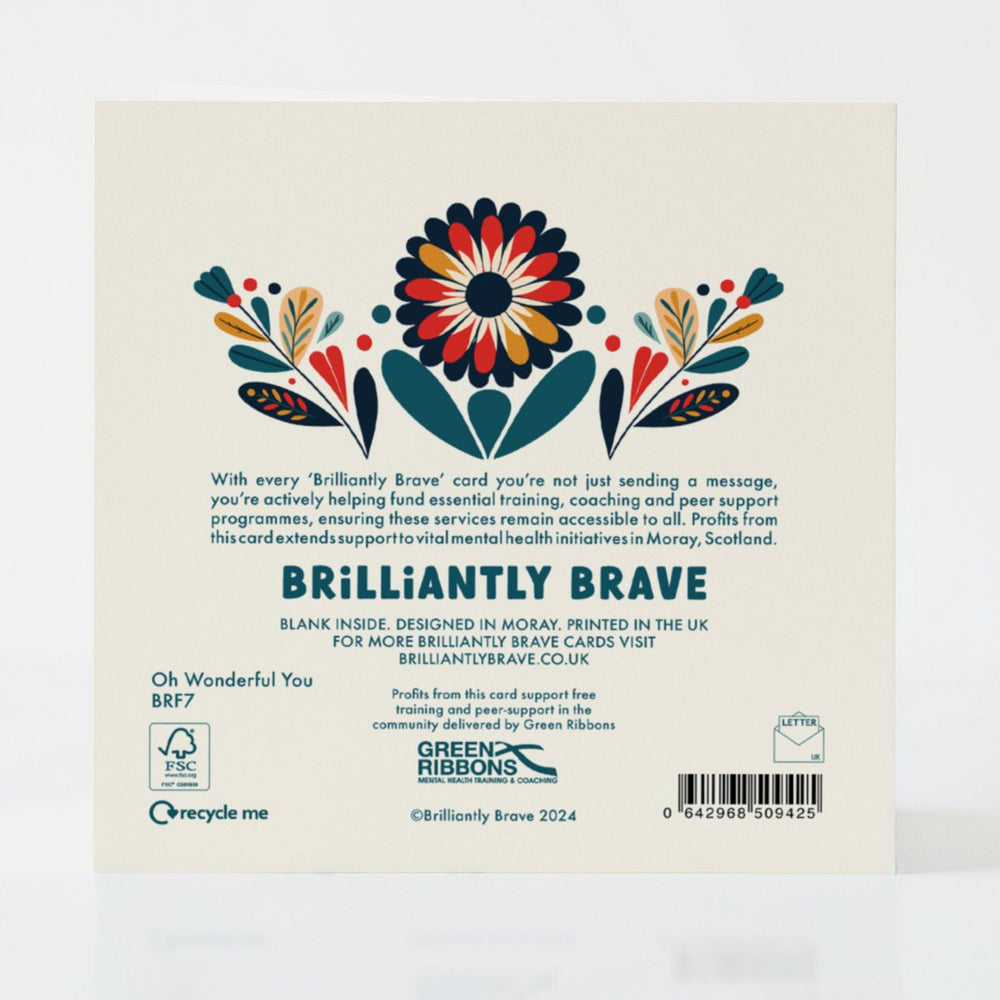 Back of the Oh Wonderful You card, showcasing its FSC certification and its role in funding mental health initiatives in Scotland.
