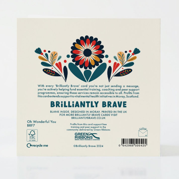 Back of the Oh Wonderful You card, showcasing its FSC certification and its role in funding mental health initiatives in Scotland.