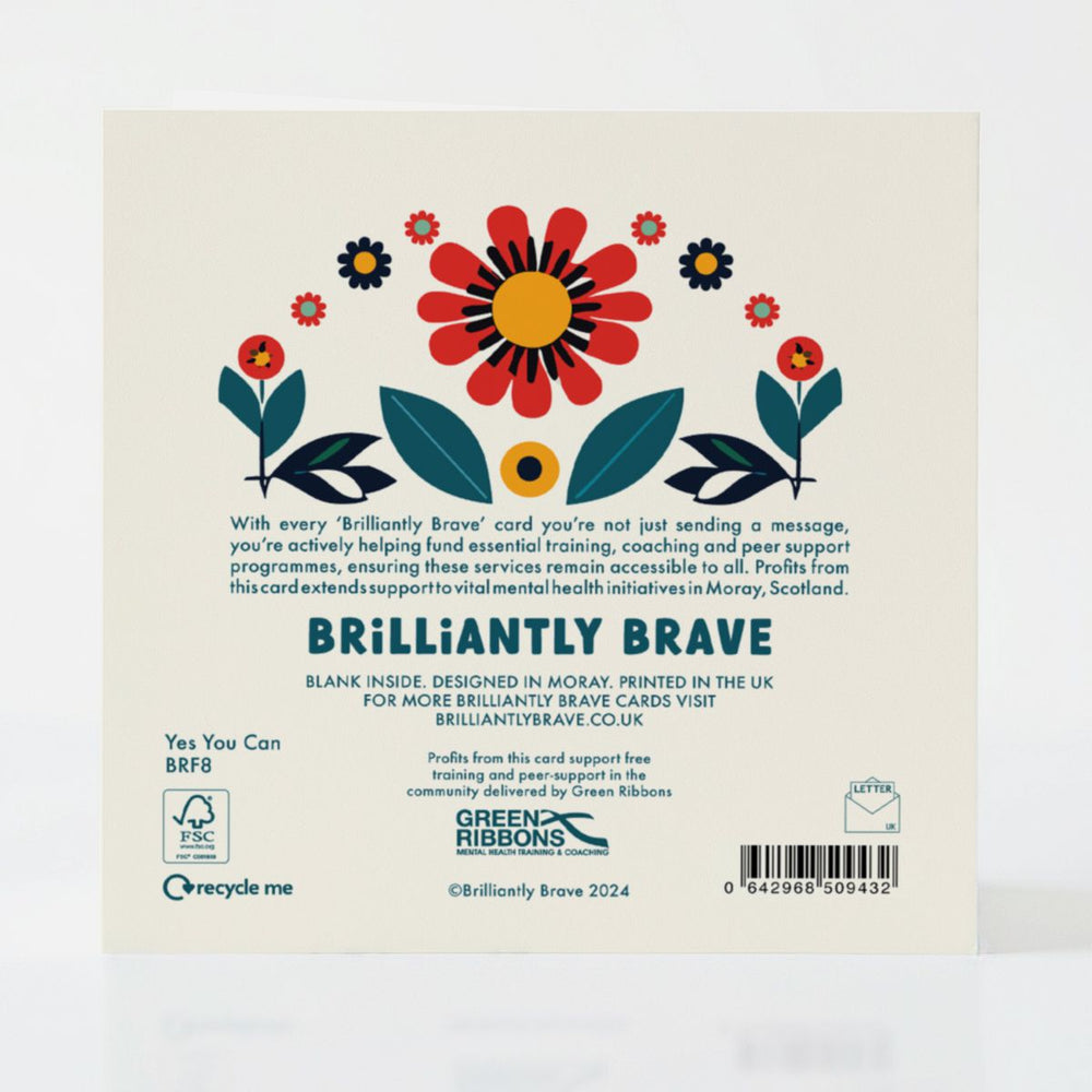 Back of the Yes You Can card, highlighting its eco-friendly materials and purpose-driven message of supporting mental health.