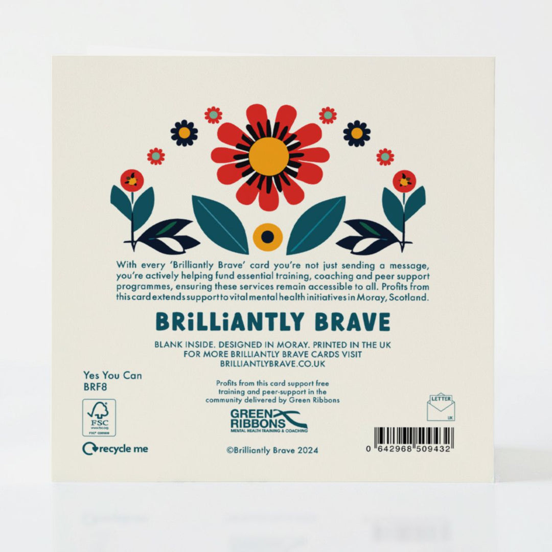 Back of the Yes You Can card, highlighting its eco-friendly materials and purpose-driven message of supporting mental health.