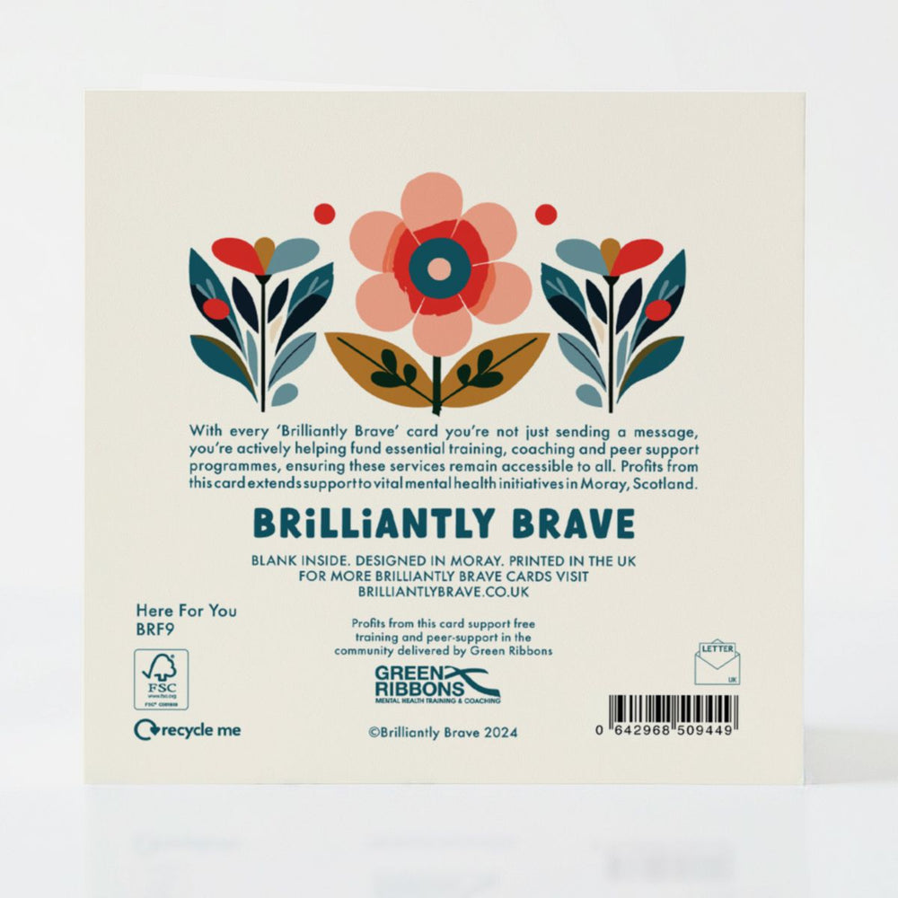 Back of the Here For You card, showcasing its FSC-certified materials and the mental health initiatives it helps fund.
