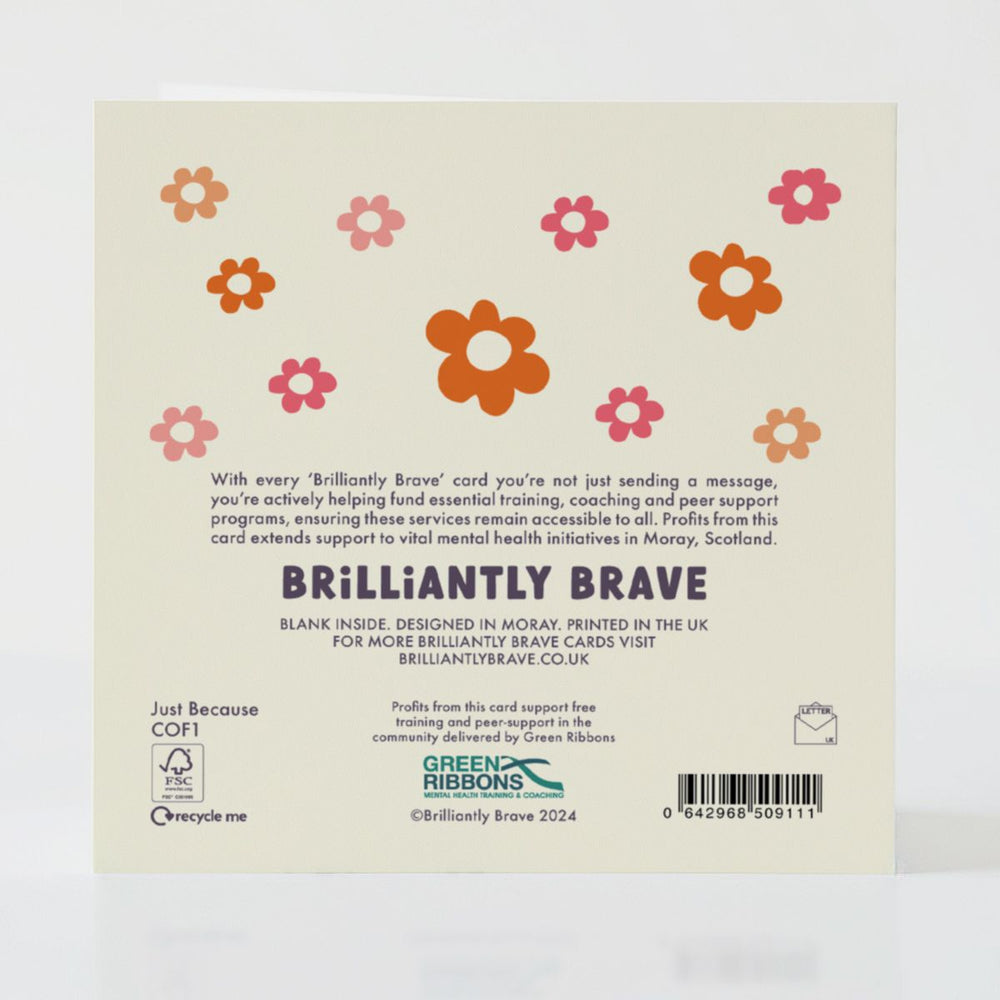 Card details showing eco-friendly materials and how each purchase supports mental health initiatives in Scotland.