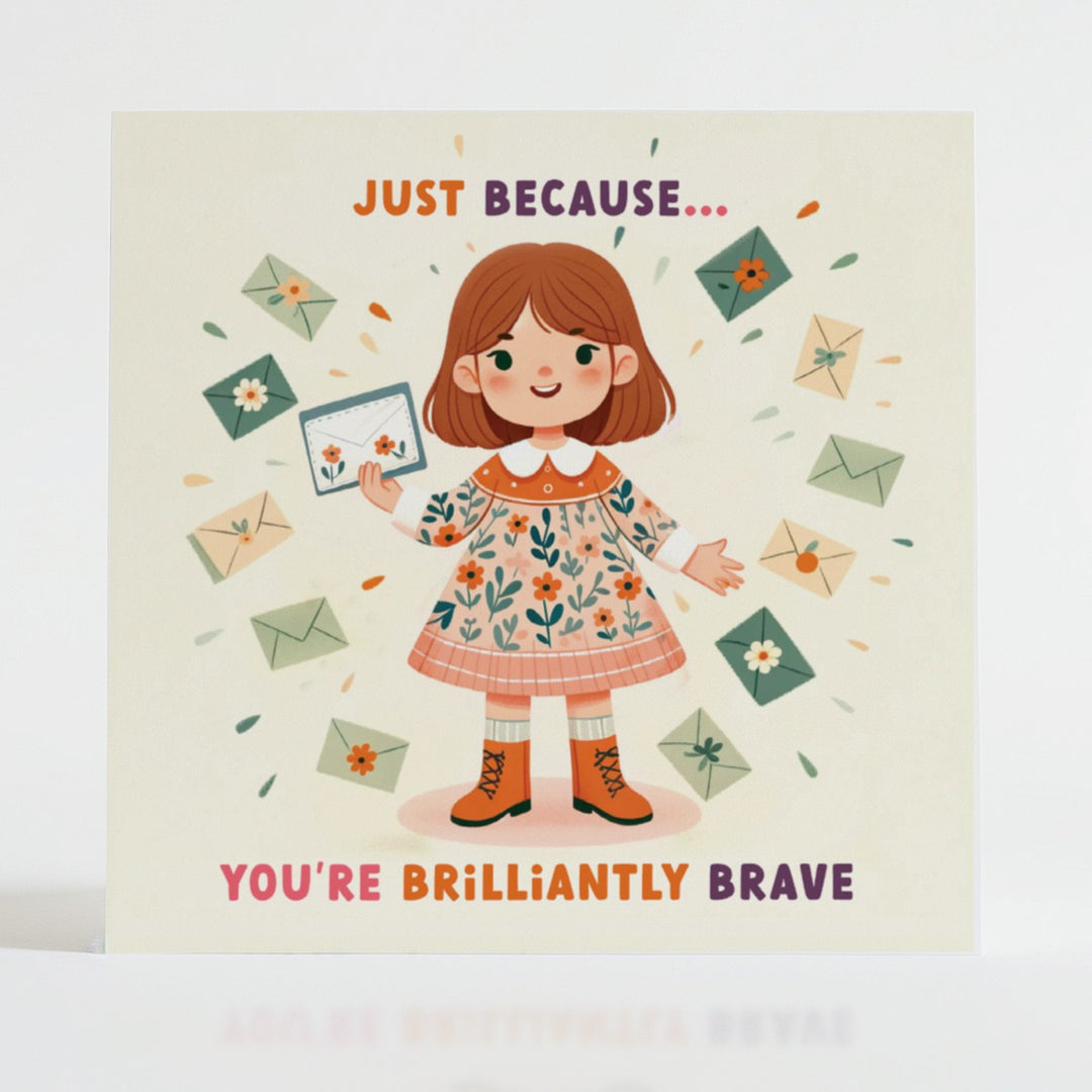 Midcentury-style illustration of a smiling girl surrounded by floating letters, capturing a moment of quiet courage worth celebrating.