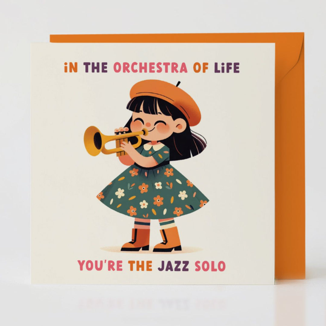 Jazz Solo card with orange envelope, celebrating life's unique melodies.