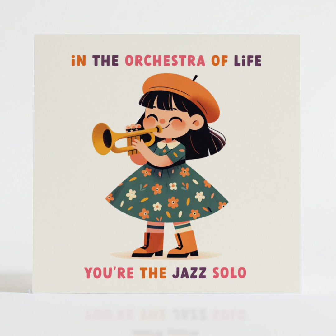 Character in beret playing trumpet, bringing music to the orchestra of life.