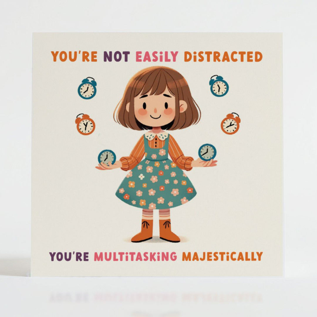 Character surrounded by floating clocks, turning daily juggling into an art form