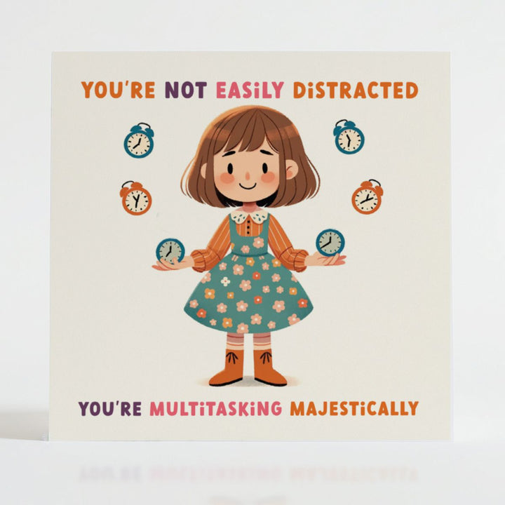 Character surrounded by floating clocks, turning daily juggling into an art form