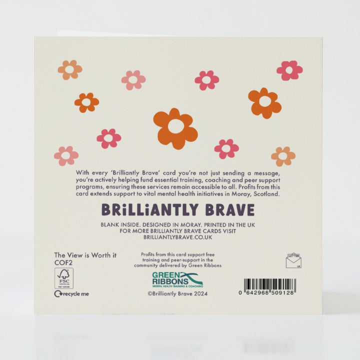 Card details highlighting sustainable materials and community mental health support funded by each purchase.