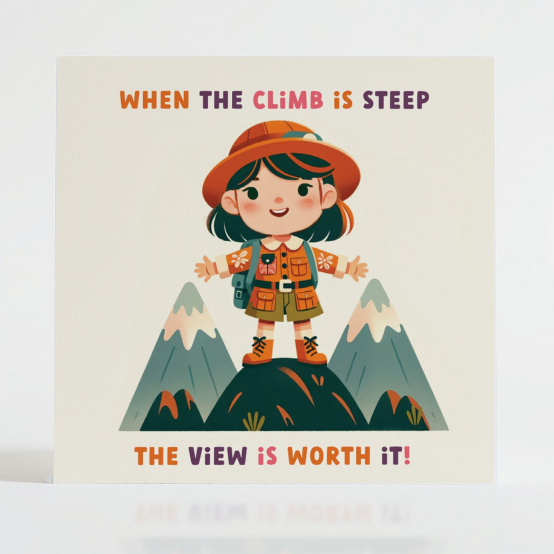 Cheerful explorer character standing atop mountains, dressed for adventure in hiking gear and a red beret.