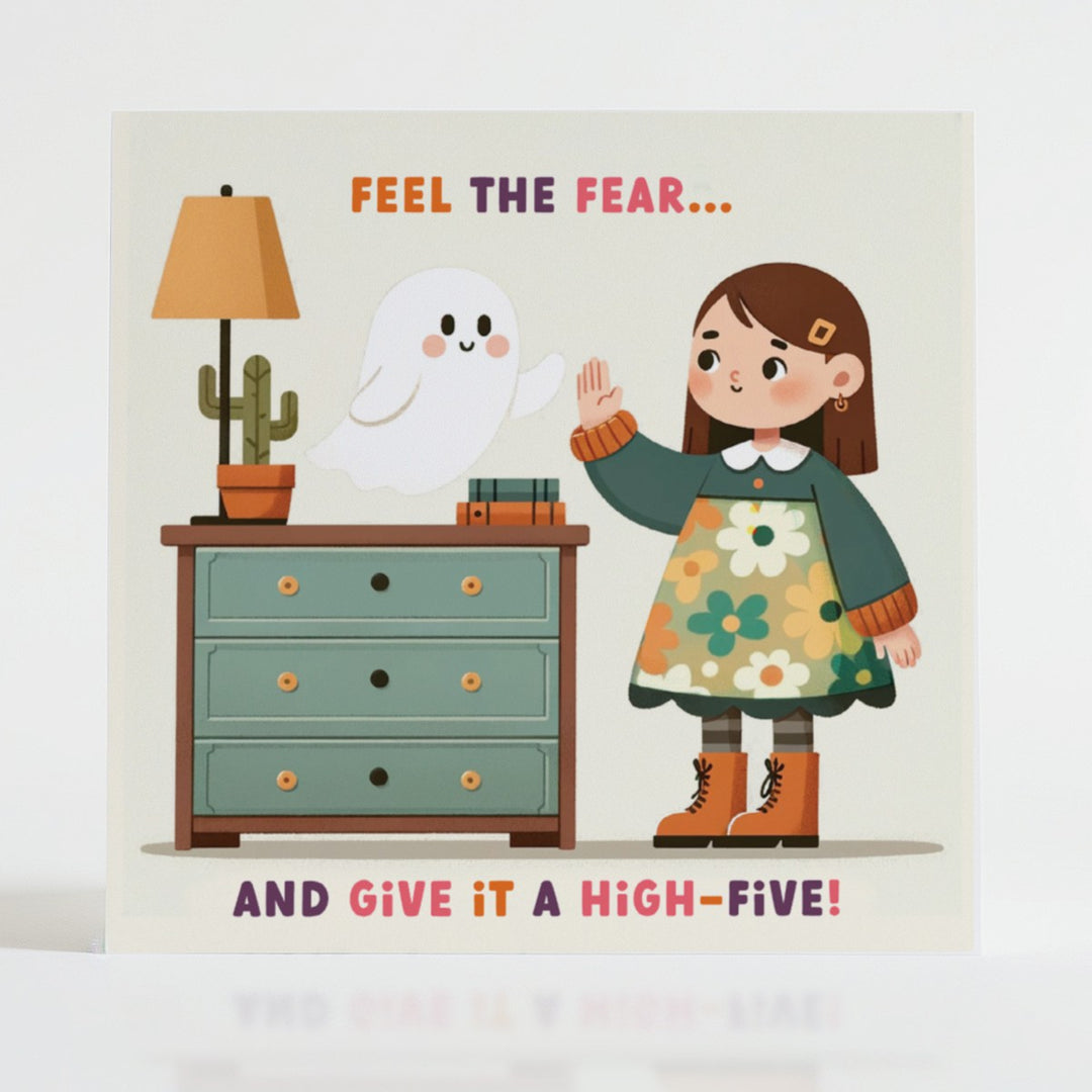 Playful illustration of a girl high-fiving a friendly ghost, turning fear into a moment of connection.