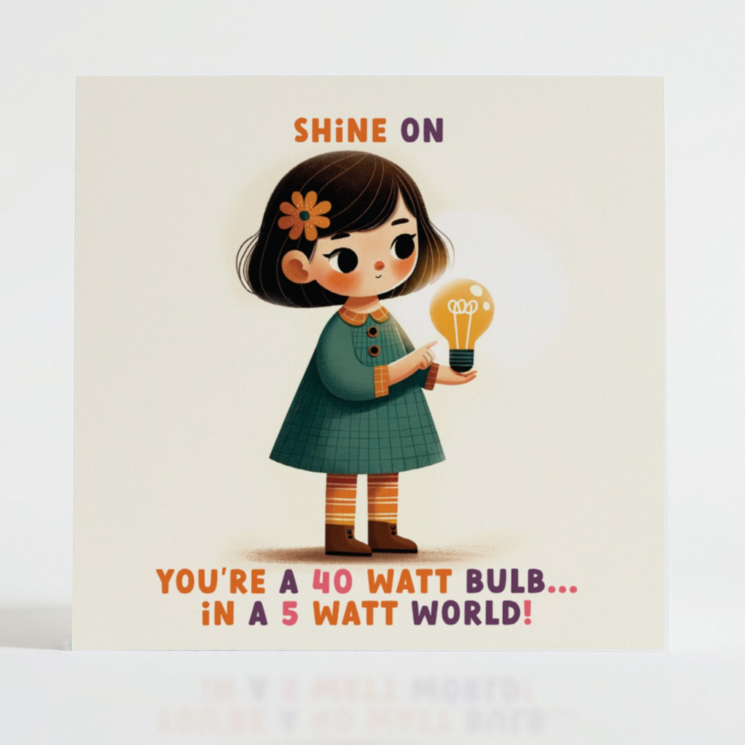 Girl in green dress holding a bright lightbulb, illustrating inner brightness in a midcentury storybook style.