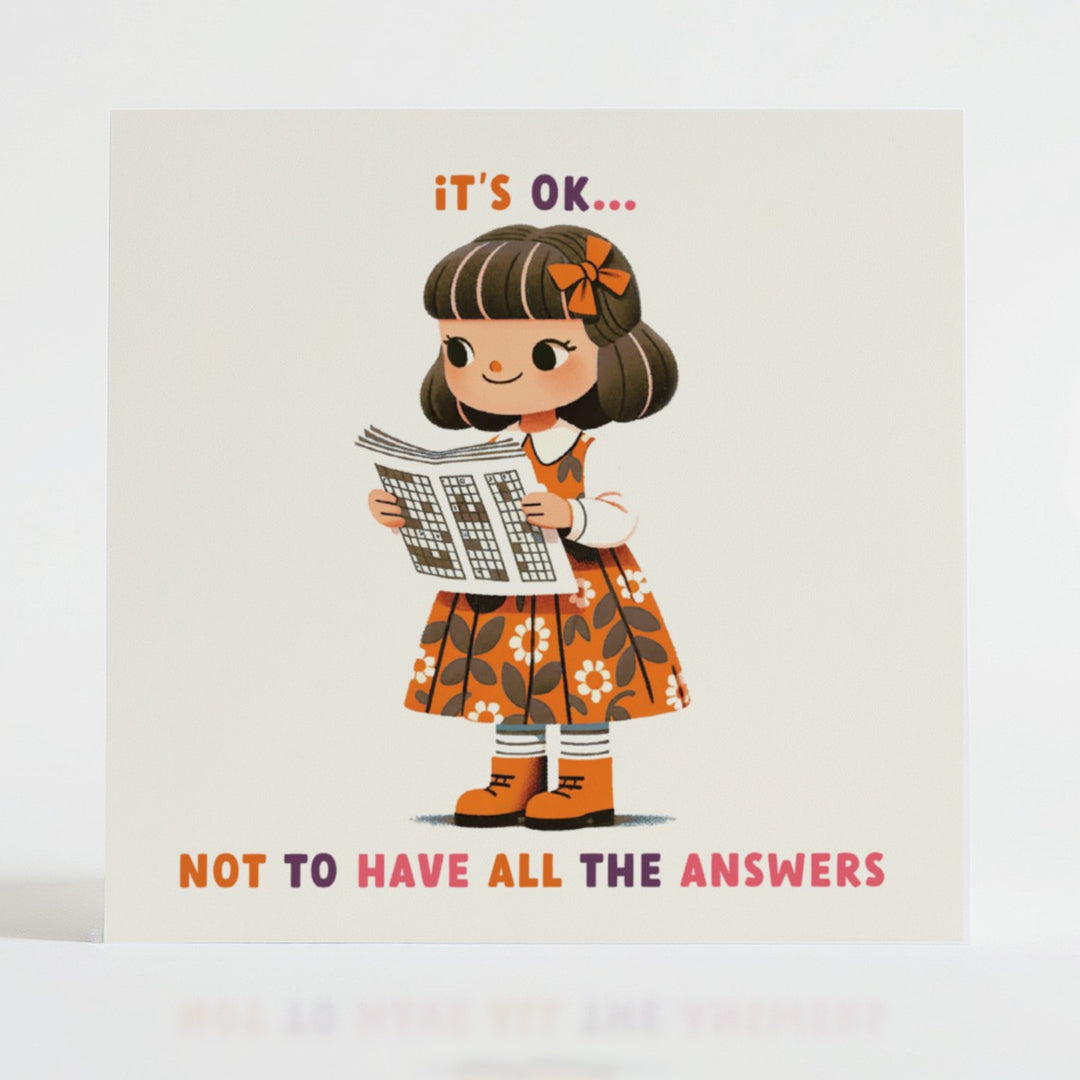Girl in floral dress looking at a crossword, bringing charm to the journey of not having all the answers.