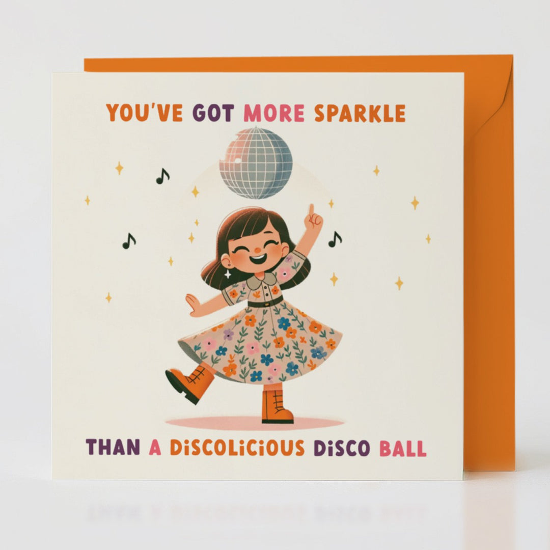 Disco Ball card with orange envelope, celebrating life's natural sparkle-makers.
