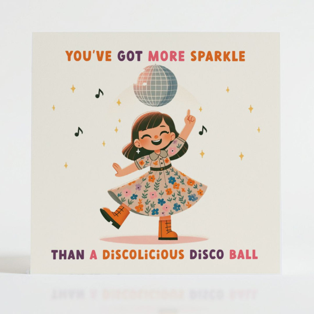 Joyful character dancing beneath a sparkling disco ball, radiating pure happiness.
