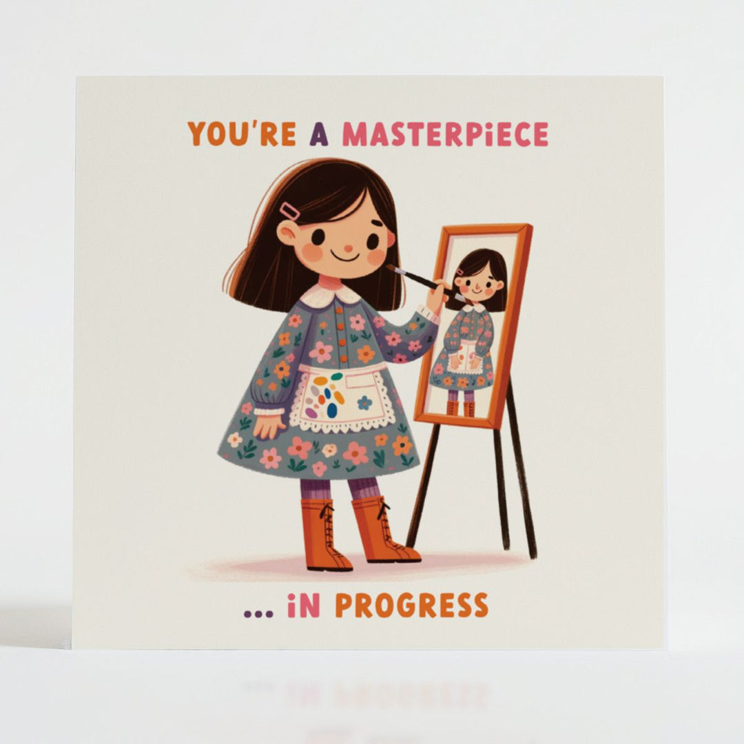Artist character with paintbrush standing before an easel with her reflection, embracing the work in progress.