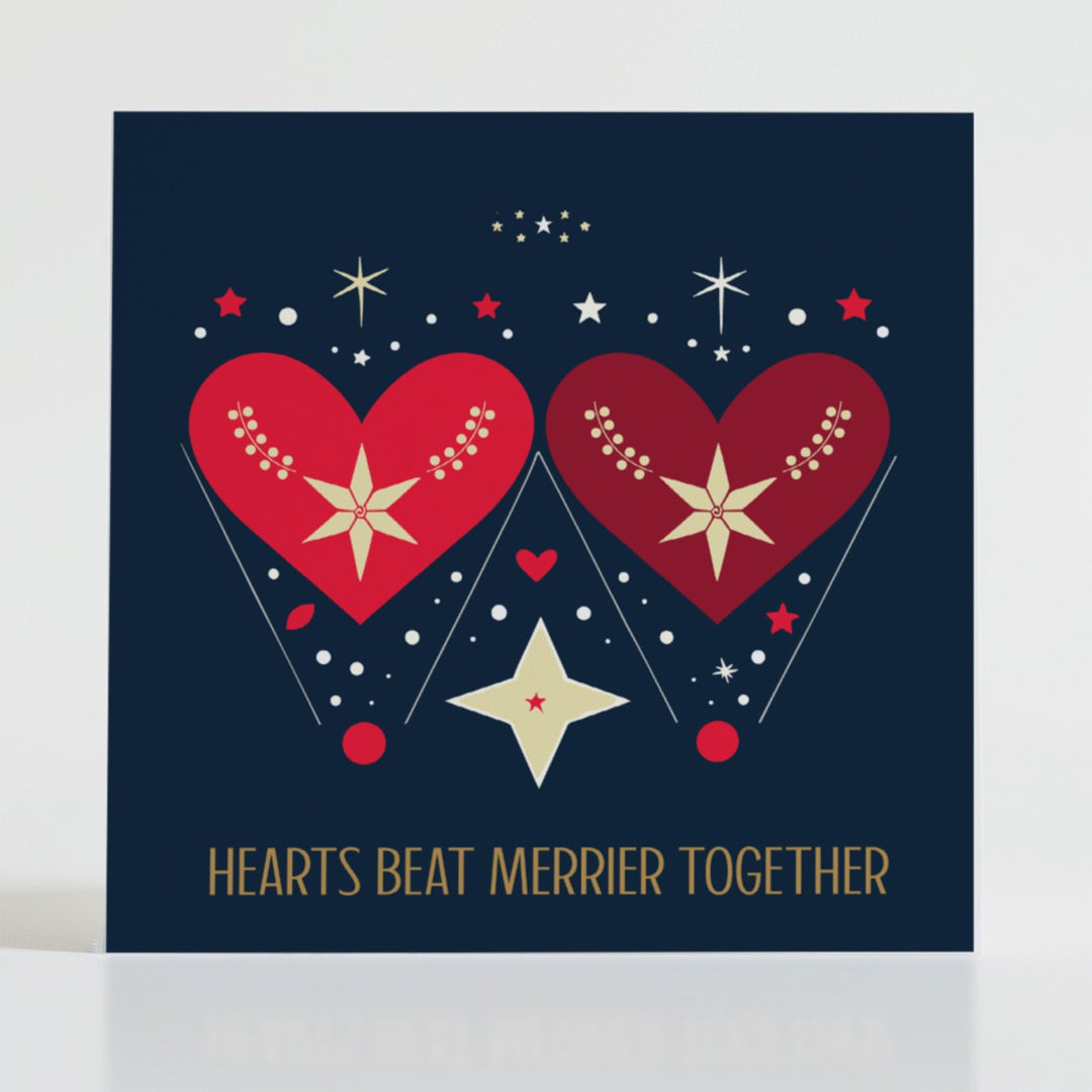 Hearts Beat Merrier - Uplifting card featuring starlit designs and festive joy celebrating magical moments.