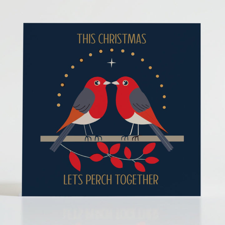 Let's Perch Together - Mental health card featuring charming robins symbolizing quiet festive togetherness.