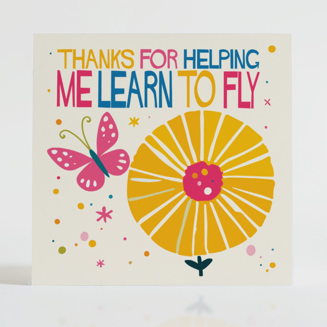 Learn to Fly - Inspirational card with an uplifting design celebrating personal growth and transformative support.