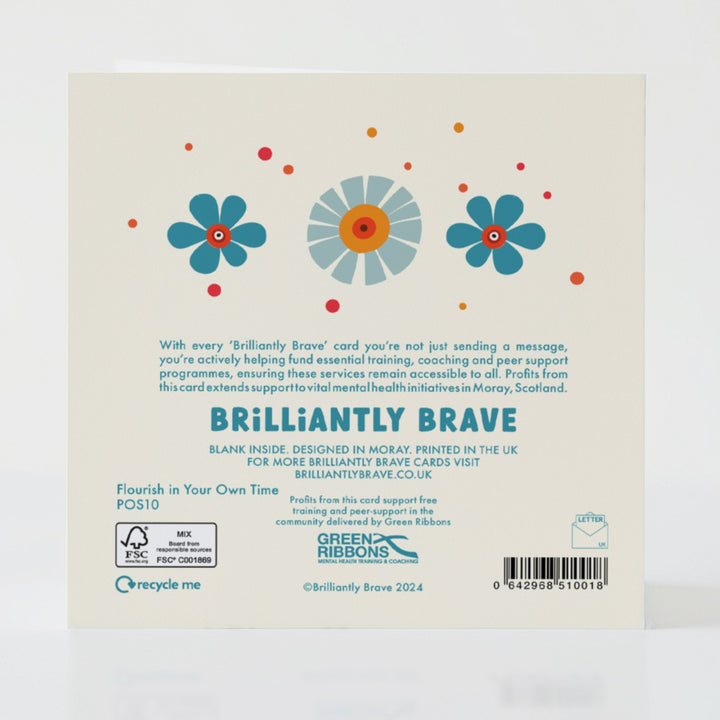Flourish in Your Own Time - Back of the card with subtle design and message about flourishing differently.