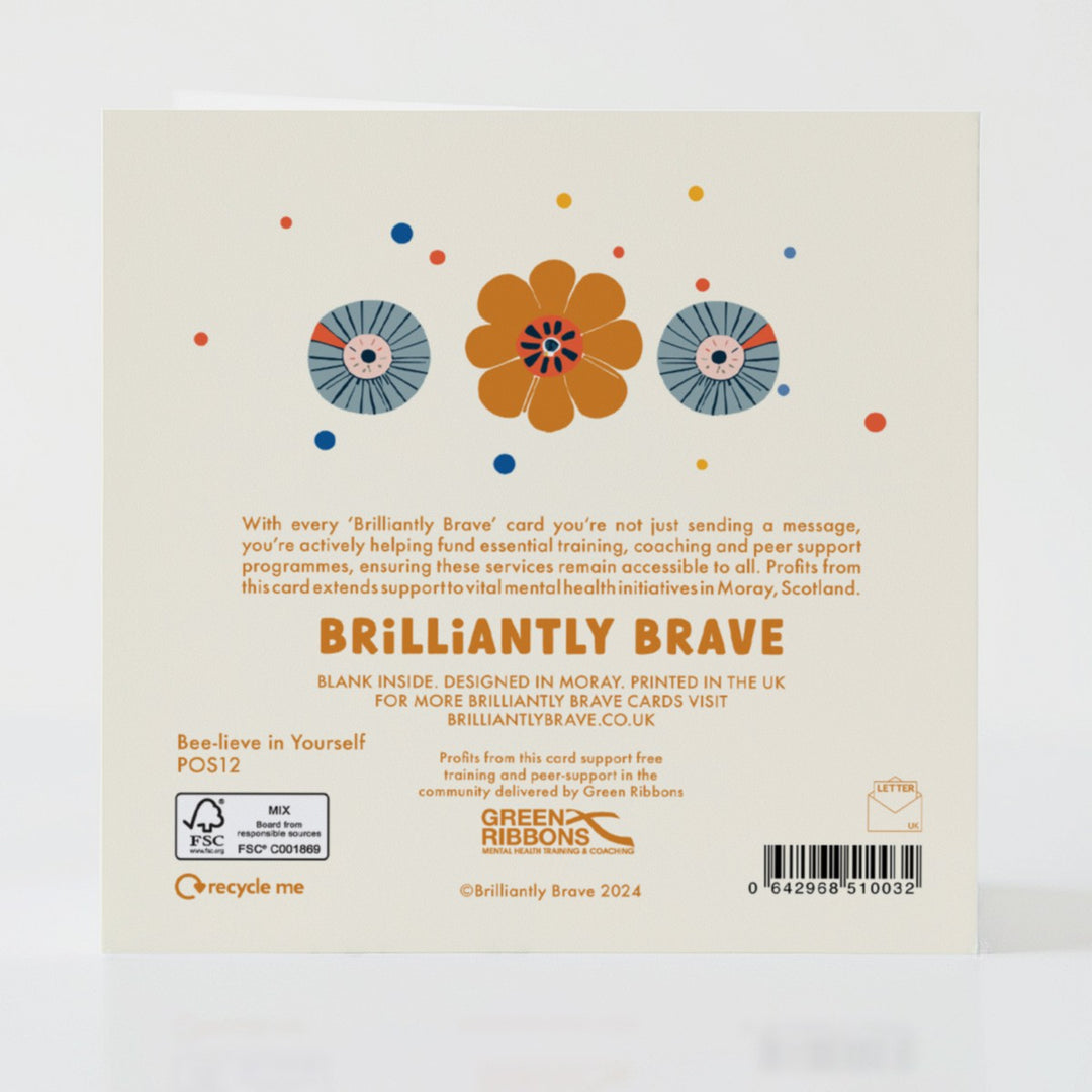 Bee-lieve in Yourself - Back of the card with thoughtful design and message about confidence.