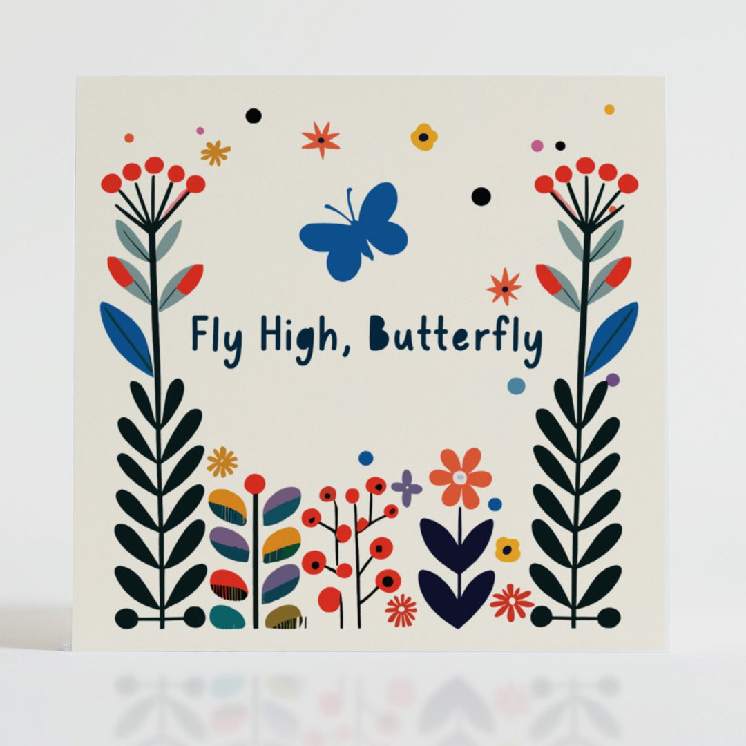 Fly High, Butterfly - Transformation card featuring delicate florals and a butterfly symbolizing growth and possibility.