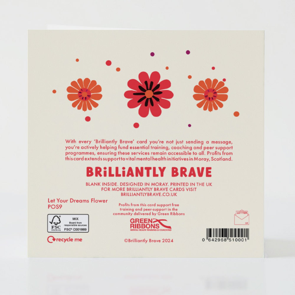 Let Your Dreams Flower - Back of the card with thoughtful design and supportive message.