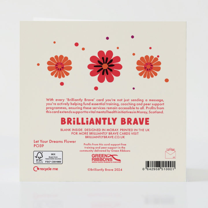 Let Your Dreams Flower - Back of the card with thoughtful design and supportive message.