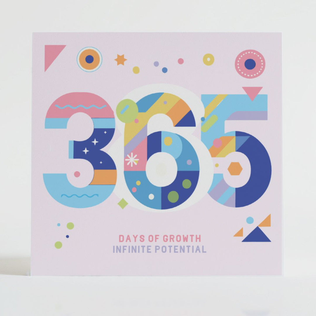 365 Days of Growth - Uplifting card celebrating daily progress and growth with an elegant design.