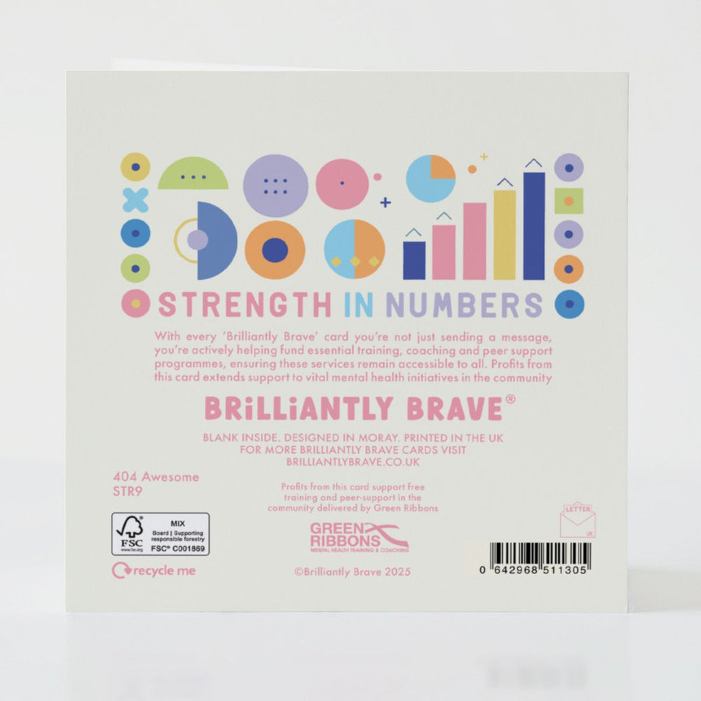 404 Awesome - Back of the card featuring quirky details and an uplifting note.