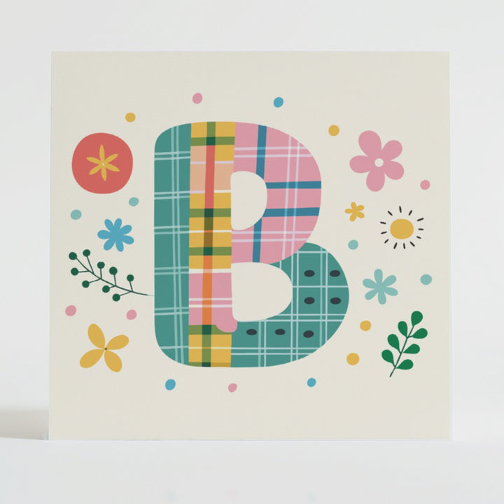Tartan Pop Letter B - Mental health card featuring a bold B design with a tartan pattern and uplifting message.