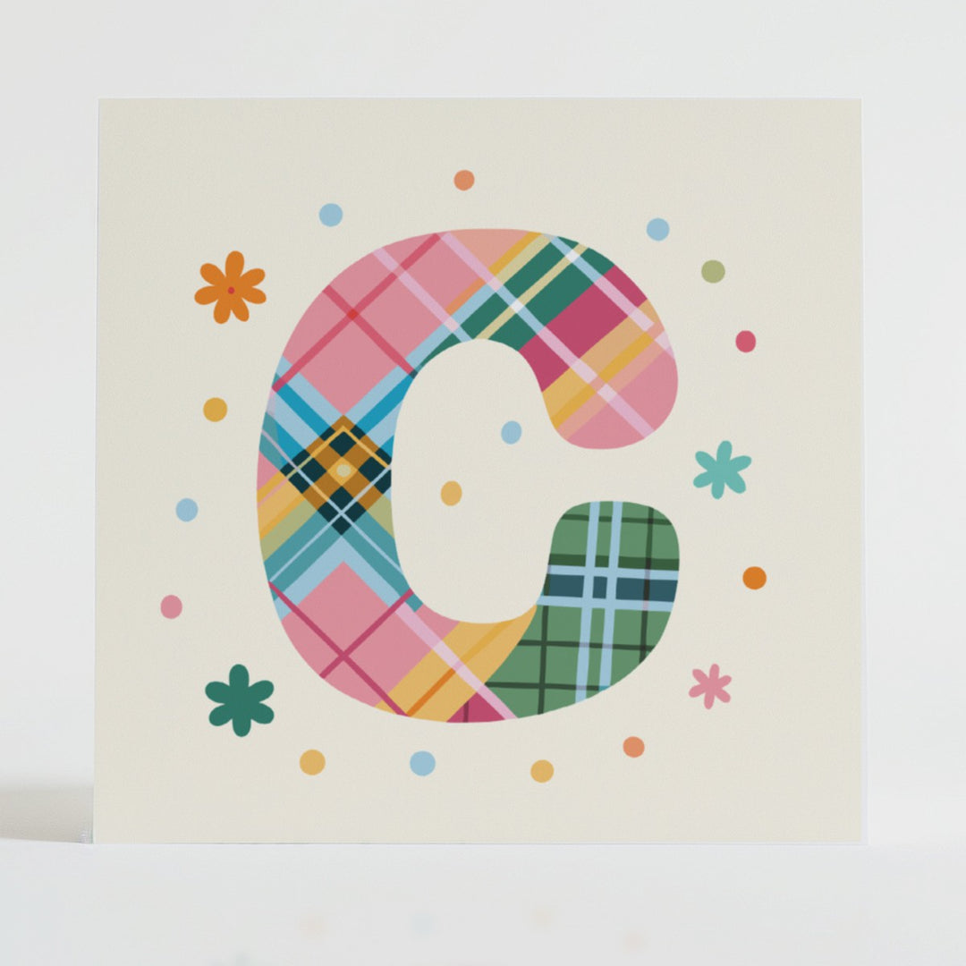 Tartan Pop Letter C - Mental health card featuring a bold C design with a tartan pattern and uplifting message.