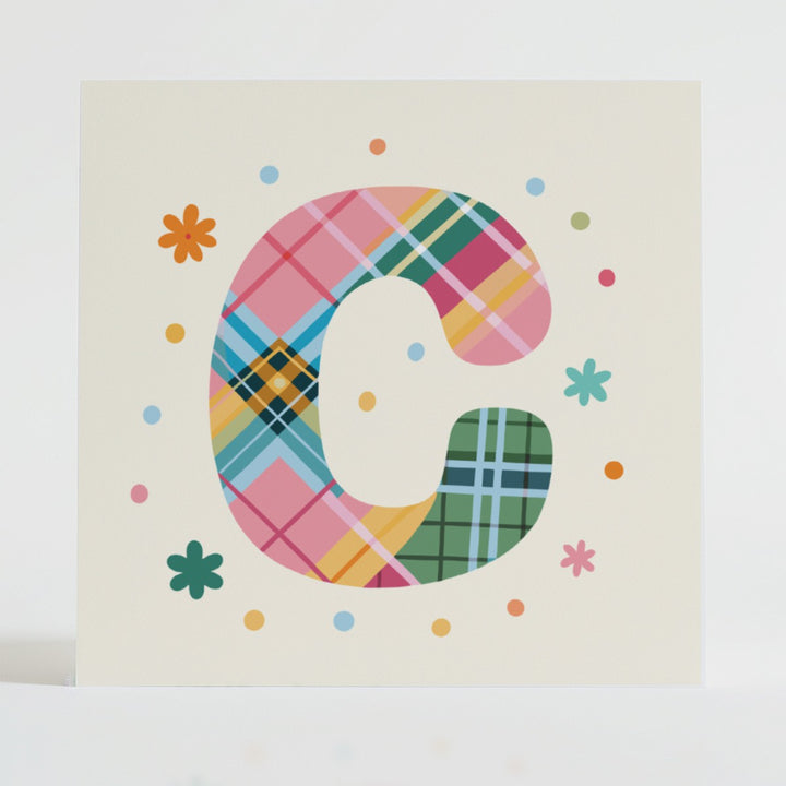 Tartan Pop Letter C - Mental health card featuring a bold C design with a tartan pattern and uplifting message.