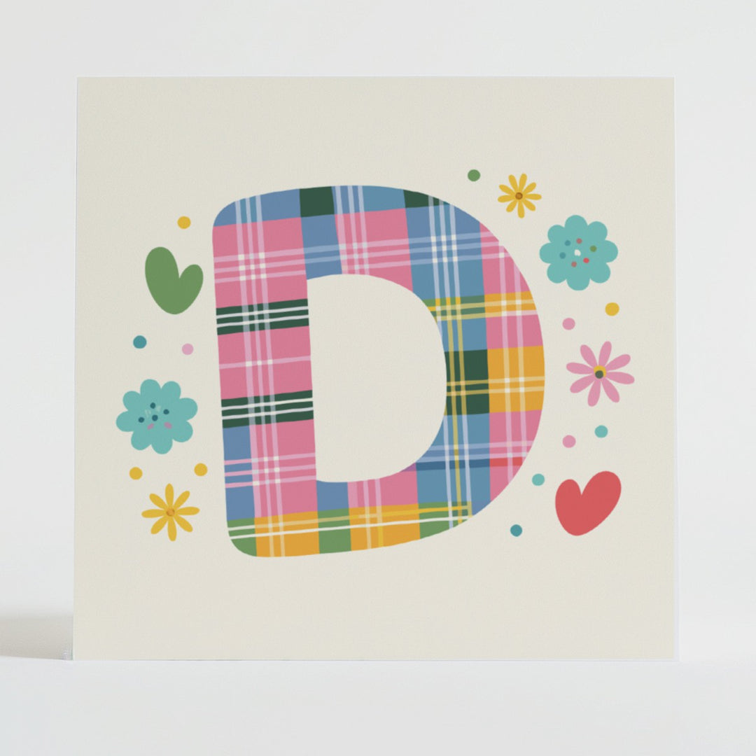 Tartan Pop Letter D - Mental health card featuring a bold D design with a tartan pattern and uplifting message.